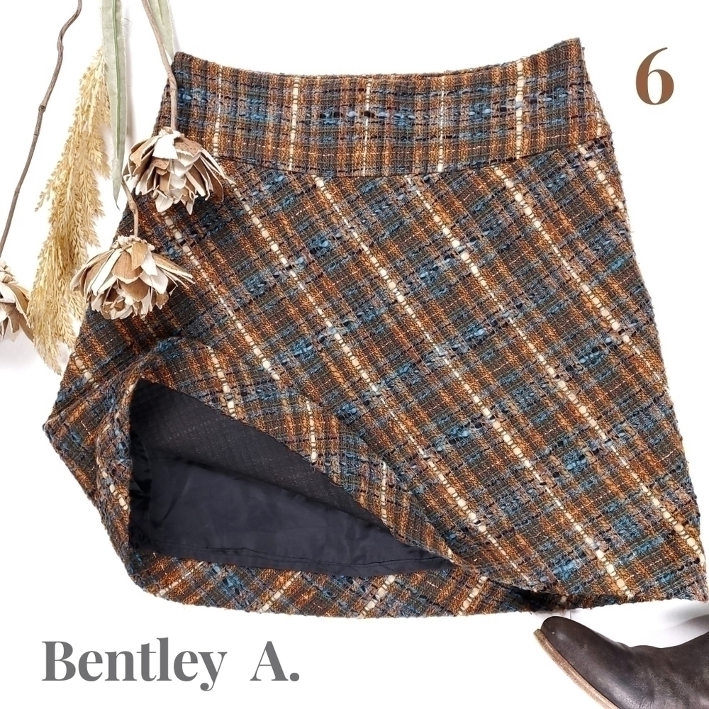 Bentley A. Cotton Blend Tweed Plaid Skirt Sz 6